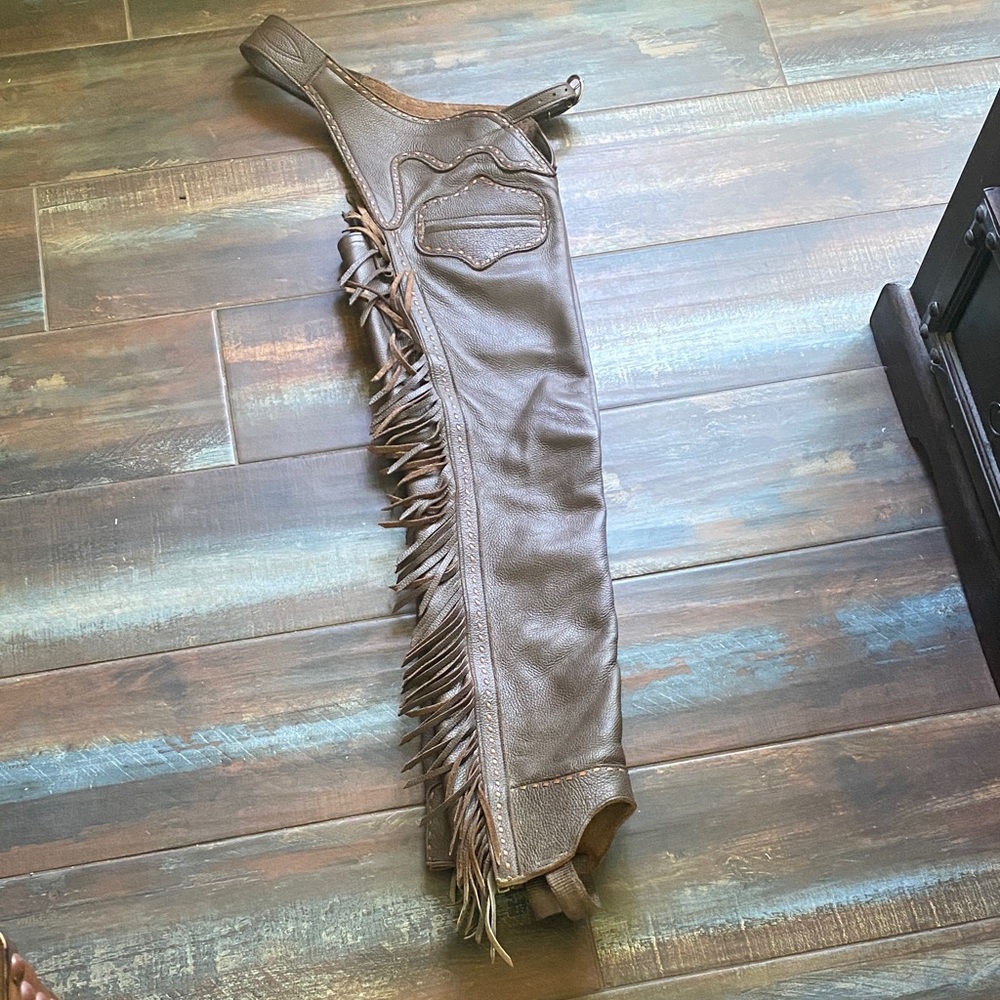 Western Leather Fringe Chaps in Full Grain Brown Leather